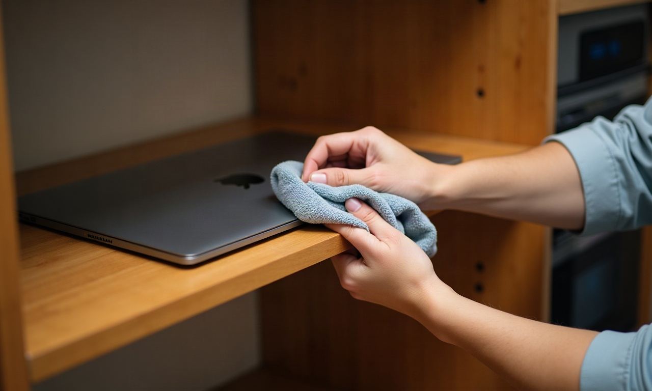 Hands dusting wooden shelf with microfiber cloth in warm indoor light