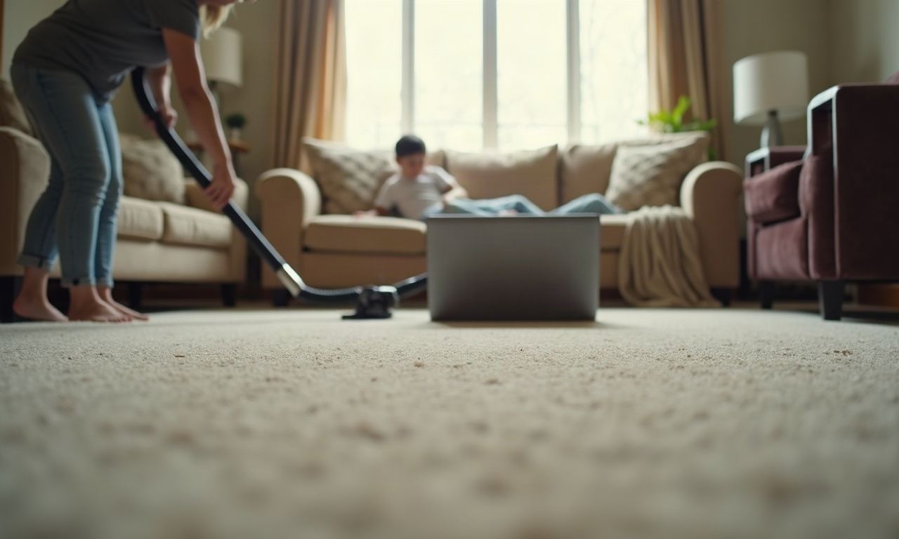 Tidy living room with vacuumed carpet and dusted furniture in afternoon light