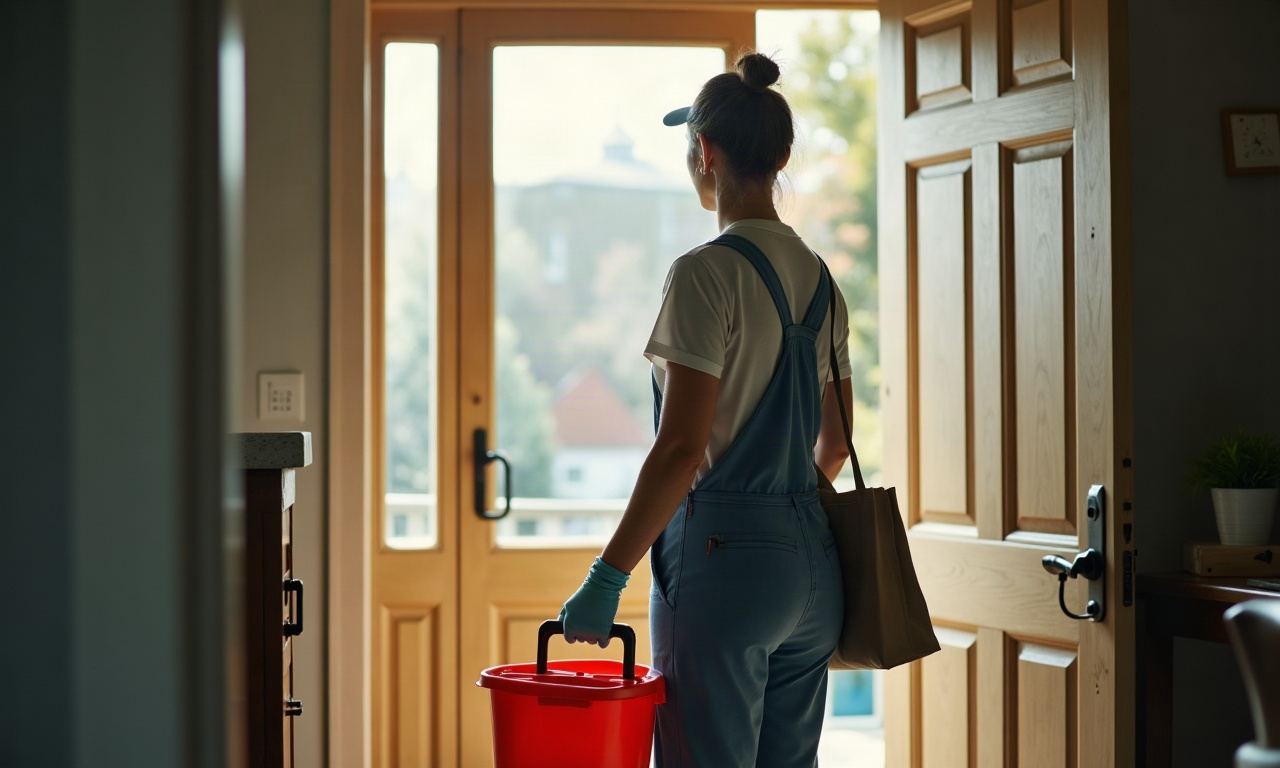 Person in work clothes at front door holding cleaning caddy in daytime